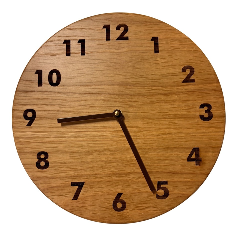 Vintage Mid Century Modern Solid Oak Wood Wall Clock 10 Inch Round Quartz Analog
